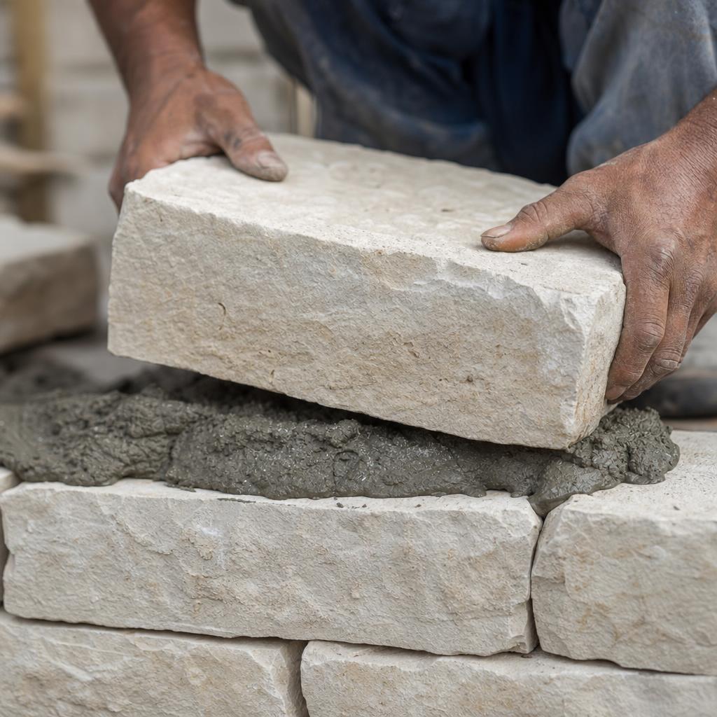 Mason hands laying natural fieldstone